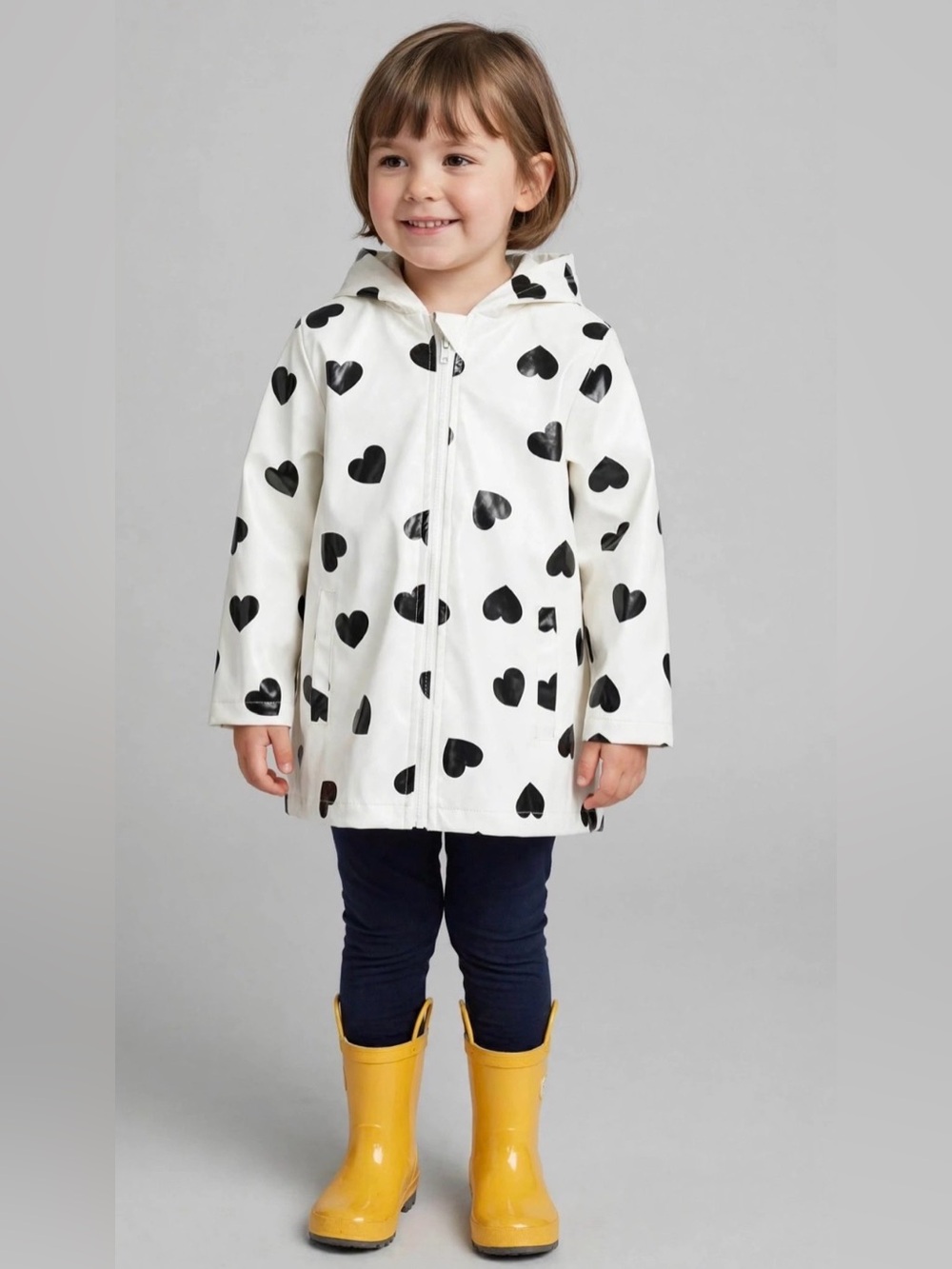 Girls White Black Heart Waterproof Hooded Raincoat Jacket Toddler Slicker Coat